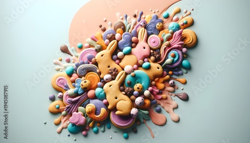 Colorful artistic Easter bunnies with decorative eggs on dreamy pastel background.