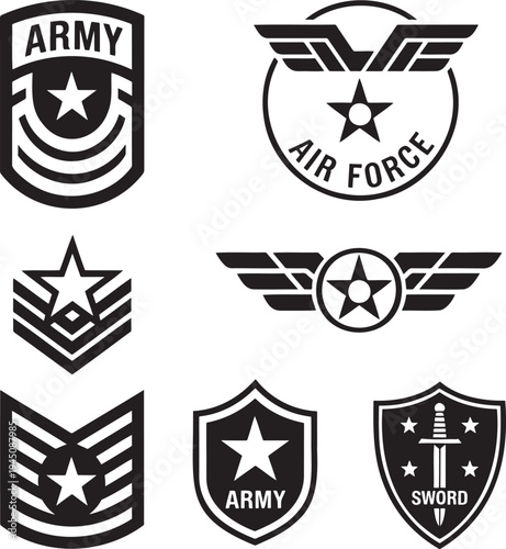 Collection of black and white military insignias including army and air force emblems with stars and wings