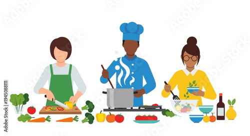 Diverse Group Cooking Together: A Culinary Collaboration.