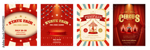 Colorful vintage poster set. Circus, state fair, fun fair template. Design for events, festival, carnival, party, performance and more. Retro vector illustration