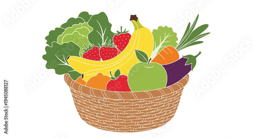 Basket overflowing with fresh fruits and vegetables a healthy and colorful bounty.
