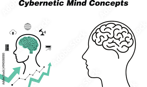 Cybernetic Mind Concepts text with human head profiles showing a circuit brain and a standard brain outline