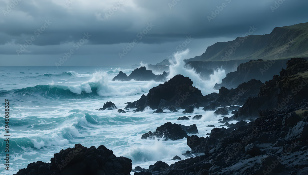 Fototapeta premium Dramatic Coastline With Volcanic Rocks And Turbulent Waves Under Storm Sky Landscape Image