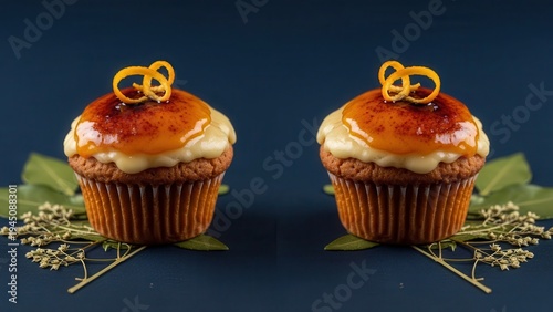 Two cupcakes with white frosting and pretzels on top on a dark blue background with green leaves