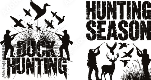 Silhouettes depict two hunters aiming at ducks and a deer during the hunting season