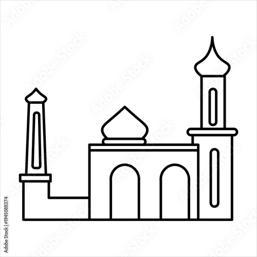 A simple line drawing of a mosque with a dome and two minarets, representing Islamic architecture and religious structures.