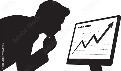 Man looking at computer monitor with rising graph silhouette