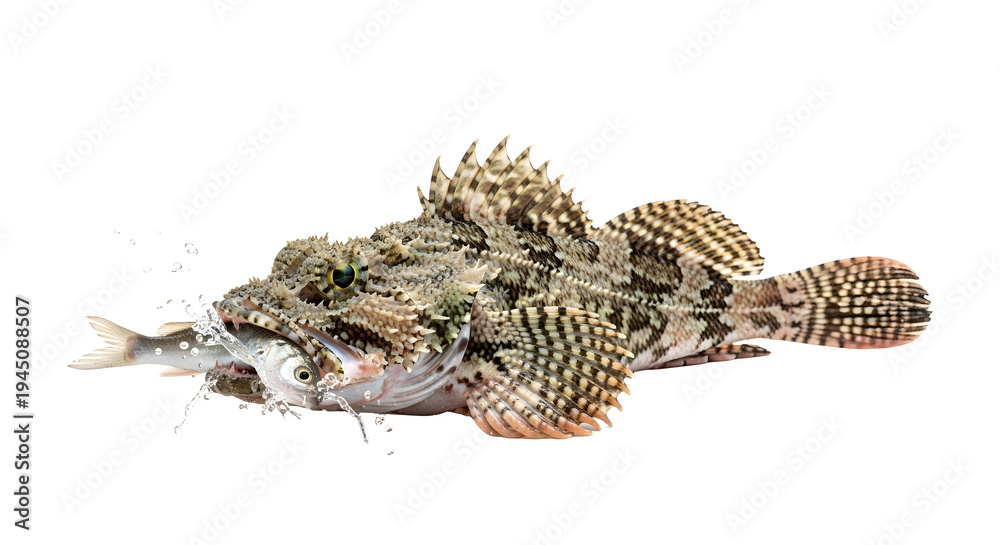 Obraz premium Large brown and white striped anglerfish eating a smaller fish with water splashing