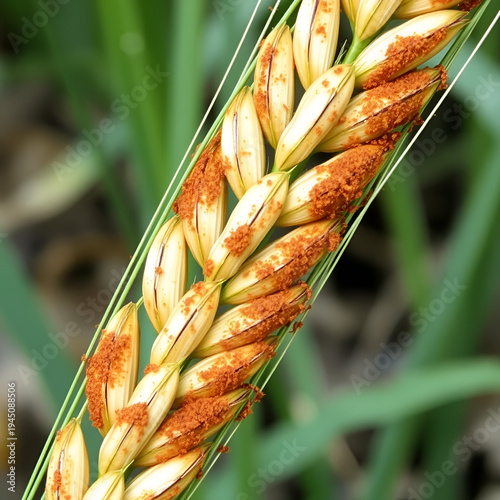 Stem rust, also known as cereal rust, black rust, red rust or red dust, is caused by the fungus Puccinia graminis, which causes significant disease in cereal crops. Symptoms of the disease on oats.