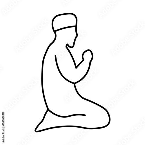 A simple line drawing depicts a person in profile, kneeling and praying with their hands clasped together.