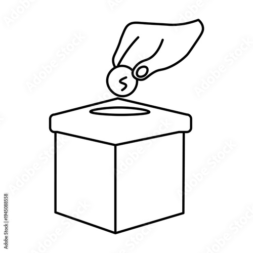 A hand is dropping a coin into a donation box, symbolizing charity and giving.