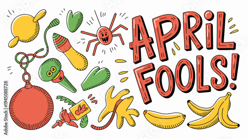 Colorful april fools' day illustration with prank items and text on white background