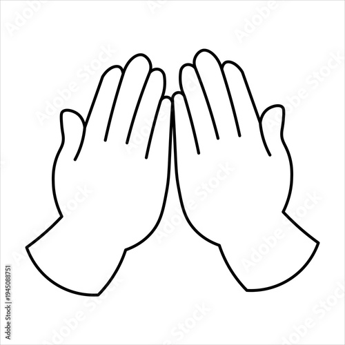 A simple black and white line drawing of two open hands held together in a praying gesture.