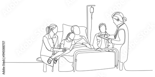 Continuous line drawing of doctor explaining patient condition to family beside hospital bed with IV drip in healthcare consultation scene