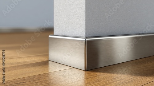 Modern brushed stainless steel skirting board corner detail installed against a textured wall and wooden floor