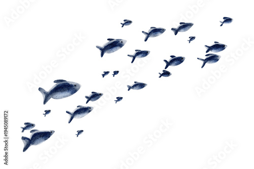 School of small blue fish watercolor illustration isolated on white background, sea life