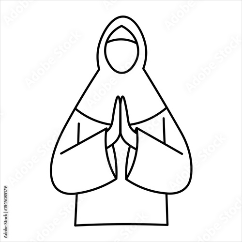 A minimalist line drawing of a person wearing a hijab and praying with their hands together in front of them.