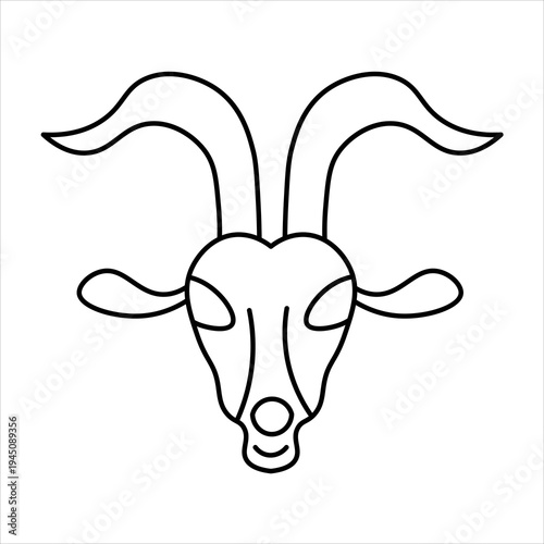 A simple, stylized line drawing of a goat's head with prominent curved horns and ears.