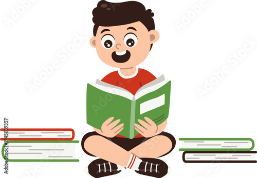 Child Sitting Reading Book Calmly With Stack Of Books