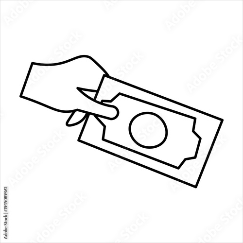 A simple black and white line drawing of a hand holding a banknote, symbolizing payment or transaction.