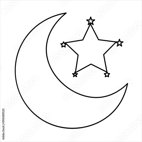 A simple black and white line drawing of a crescent moon with a star outline and five small stars.