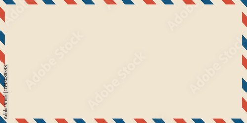 Airmail envelope frame. Commercial envelope. International vintage letter border. Retro air mail postcard with blue and red stripes. Blank correspondence paper template.eps,10