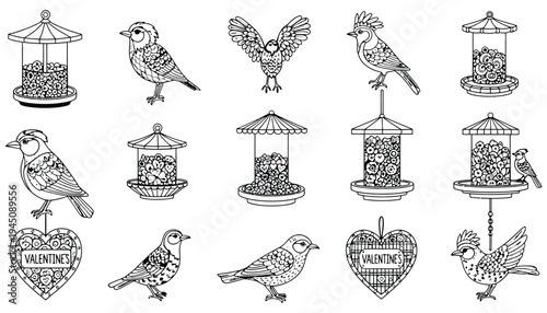 Bird vector illustration set with bird feeders and Valentine's Day theme