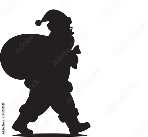 Santa Claus walking with sack and bell silhouette black
