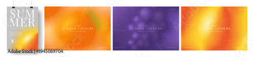 Set of bright summer gradient banners. Vibrant vector cards with colourful gradients and blurred summer fruit and berries. Collection of grainy backgrounds for summer events, branding, cover, sale.