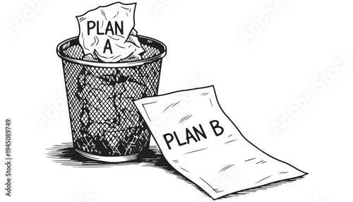 Plan B illustration with Plan A crumpled in a trash can