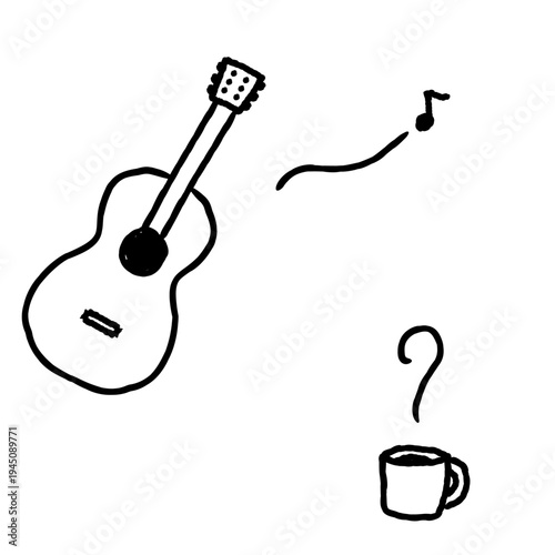 シンプルな手描きのアコースティックギターとコーヒーの休憩時間のイラスト