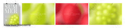 Vibrant summer gradient banners. Grainy vector cards with colourful gradients and blurred summer berries and fruit. Collection of trendy backgrounds for summer events, ads, branding, cover, sale.