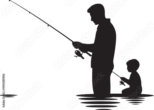Silhouette of man and child fishing in water