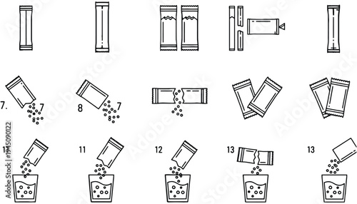 Sugar sachet vector illustration showing step by step preparation process