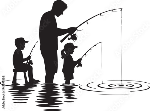 Silhouette of man and children fishing in water kids