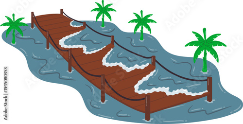 Flood Disaster Covering Bridge in Tropical Area With Palm Trees