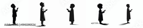 vector silhouette of a little Muslim boy standing in a prayer gesture with raised hands side view