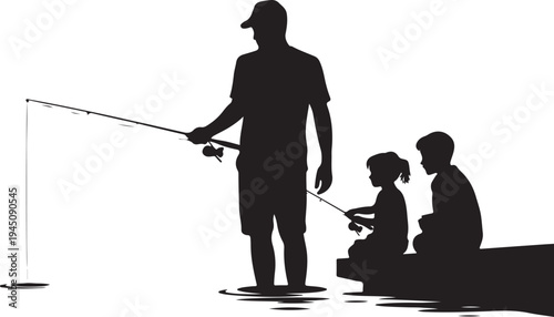 Silhouette of man and children fishing kids