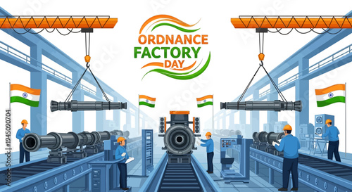 Workers in blue uniforms and hard hats operate machinery in a factory producing military equipment on Ordnance Factory Day in India with a focus on defense manufacturing.