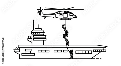 Military Helicopter Rappels Soldiers onto Aircraft Carrier for Special Forces Operation