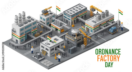 Isometric illustration of an Indian ordnance factory on Ordnance Factory Day, showcasing defense manufacturing facilities and military equipment production in a industrial setting.