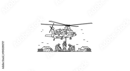 Military Helicopter Rescue Mission with Soldiers and Tents