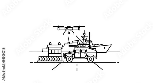 Military Drone, Humvee, and Ship: Modern Warfare and Surveillance Technology