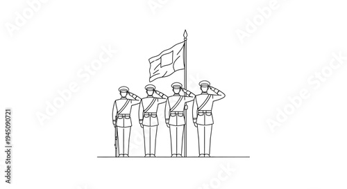 Military Honor Guard Saluting Flag: Line Drawing