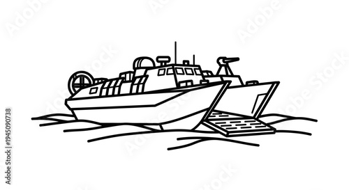 Military Hovercraft Landing Craft with Ramp, Outline Drawing