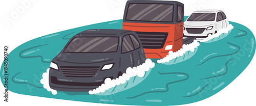 Flood Disaster Sinking Car In Deep Flooded Area