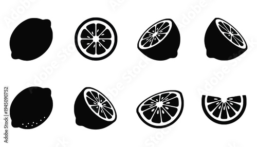 Lemon vector silhouettes with various cuts and styles on white background