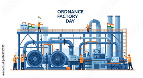 Illustration of people working at an Indian ordnance factory on Ordnance Factory Day, showcasing defense manufacturing and military equipment production in a industrial setting with a