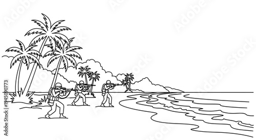 Military Landing on Tropical Beach with Palm Trees and Ocean Waves