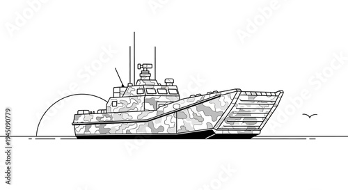 Military Landing Craft, Camouflage Pattern, Open Ramp, Naval Vessel, Vector Illustration